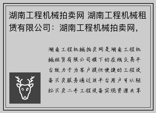 湖南工程机械拍卖网 湖南工程机械租赁有限公司：湖南工程机械拍卖网，轻松买卖工程设备